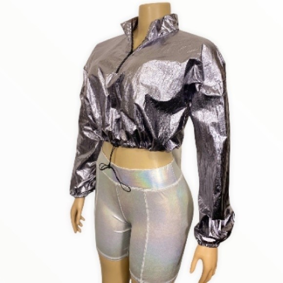 Y2K Blanc Metallic Crop top Shiny 1/4 Zip Long sleeves Drawstring waist Large - Picture 5 of 13